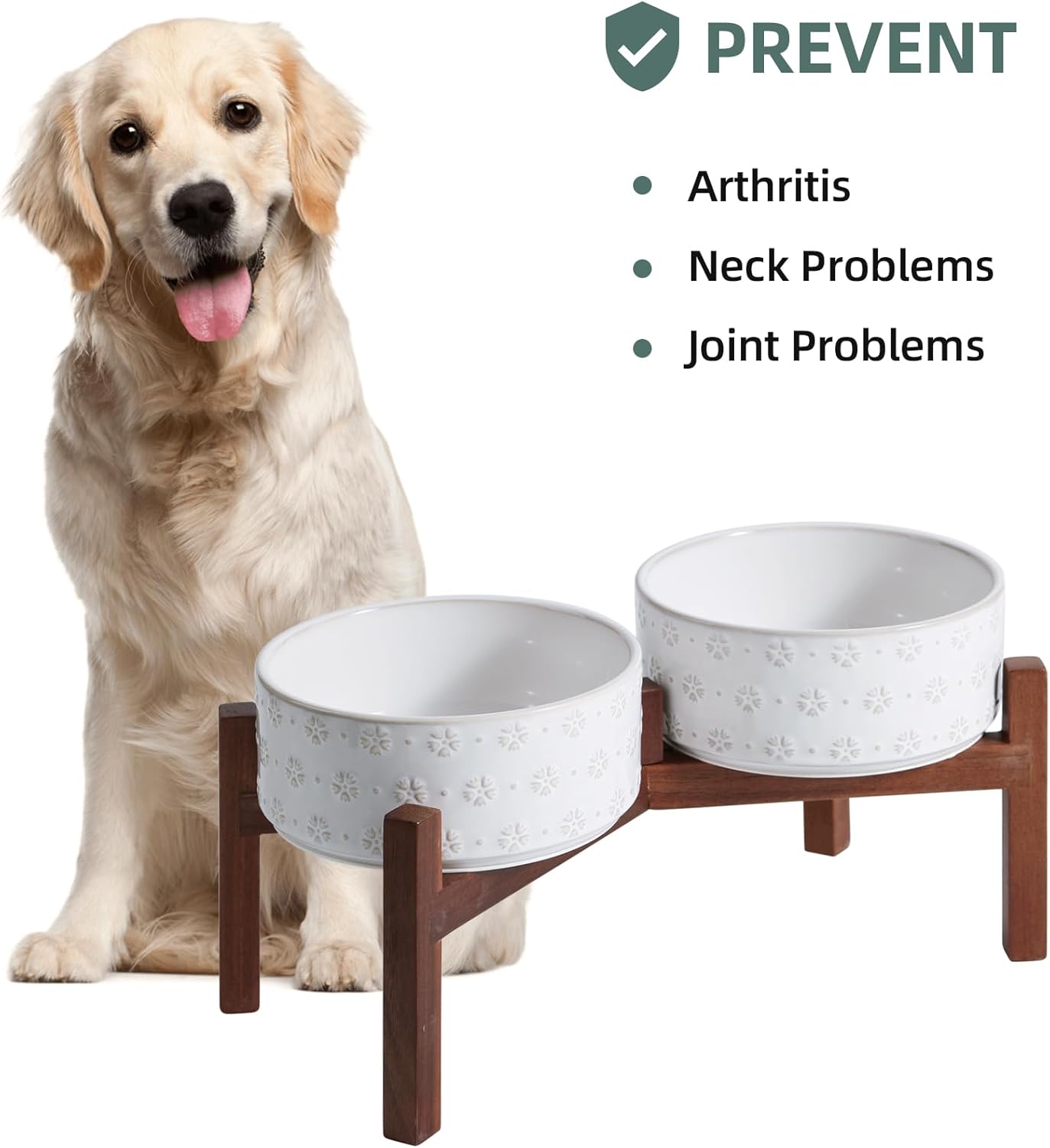 7.3inch Ceramic Raised Double Bowls Set with Acacia Wood Stand, Food & Water Bowls for Medium Breed Dogs, Weighted Dog Dishes, Pet Bowl(41OZ, Arctic White)