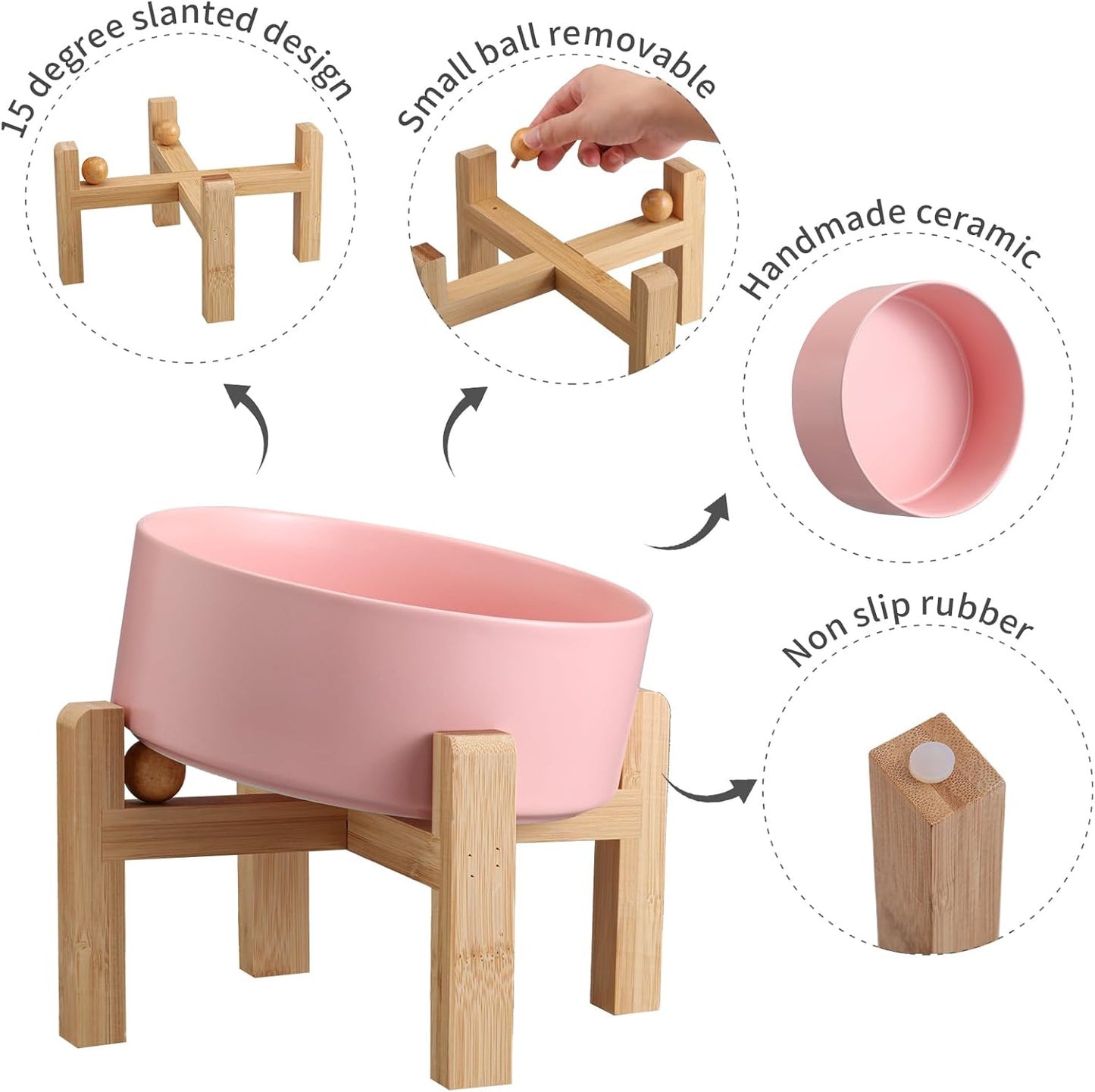 Pink Elevated/Raised 15°Tilted Anti Slip Ceramic Dog Bowl for Medium & Large Breeds,Slanted Bulldog Big Face Pet Food Water Feeding Dish with Stand (7.6 Cups/60OZ)