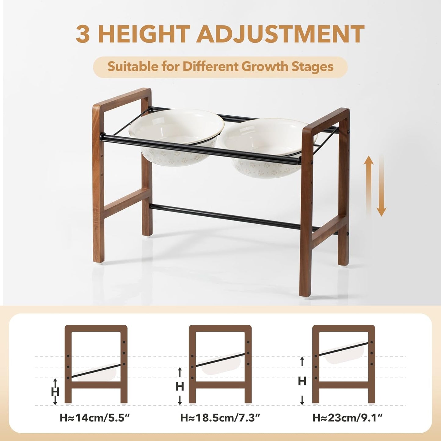 7.1inch Ceramic Adjustable Raised Double Bowls Set with Stand, 3 Heights Elevated, 2 Placement Options,Food and Water Bowls for Medium and Large Dog(Reactived Glaze -White)