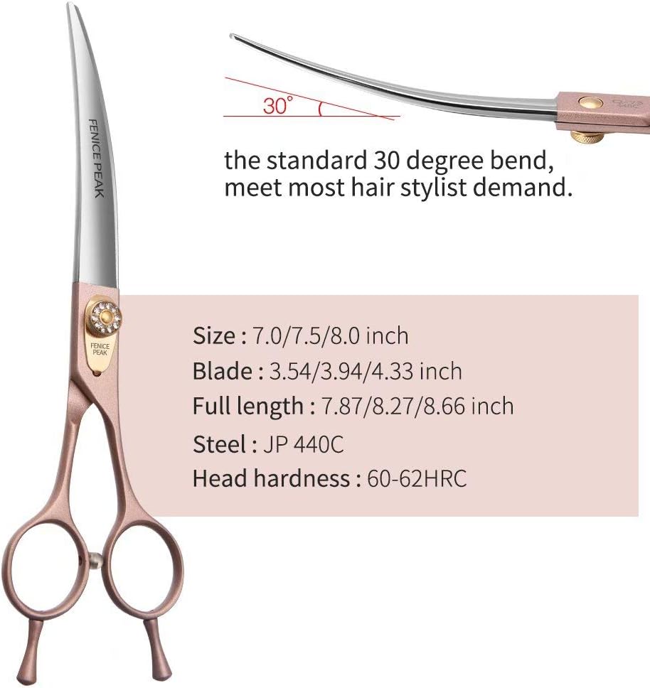 Fenice Peak Professional Curved Dog Grooming Scissors 7.5'' Rose Gold 440C Stainless Steel Pet Cutting Shears Safety Trimming Shearing for Dogs Cats