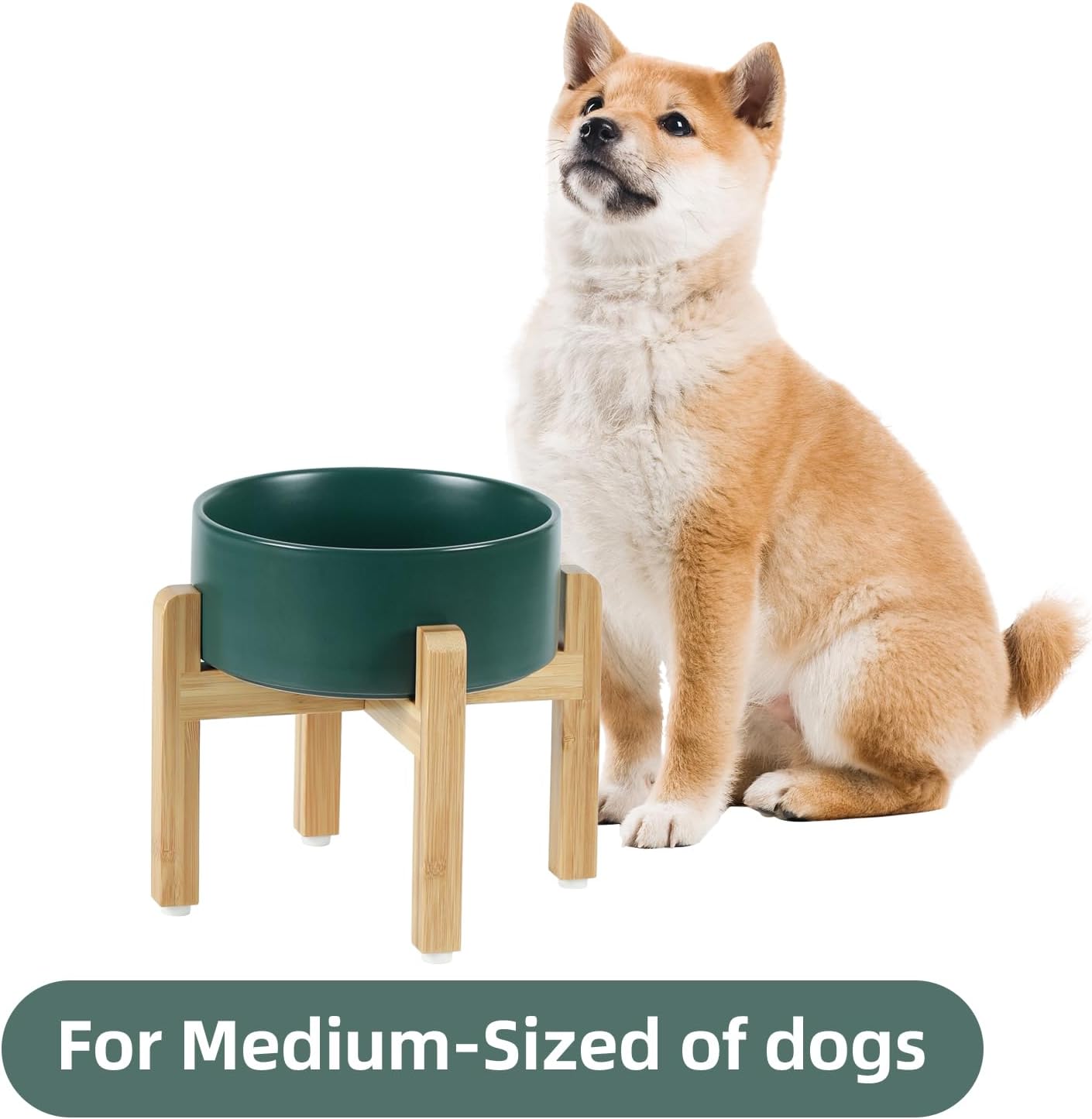 Ceramic Elevated Dog Bowl Set, Food and Water Bowl for Medium Dogs, Weighted Dishes, Green (7.3'', 41OZ)