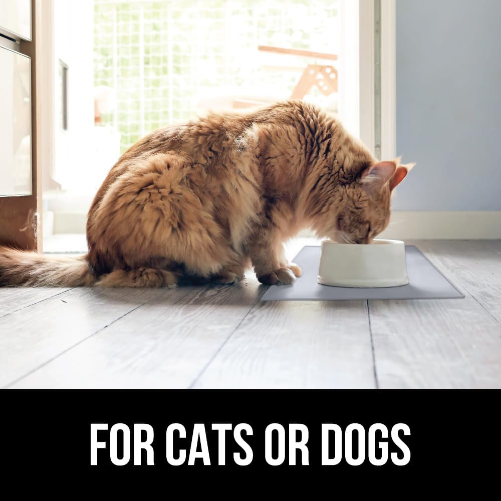 GORILLA GRIP 100% Waterproof Raised Edge BPA Free Silicone Pet Feeding Mat, Dog Cat Food Mats Contain Spills Protects Floors, Placemats for Cats, Dogs Water Bowl, Pets Accessories 23x15 Light Gray
