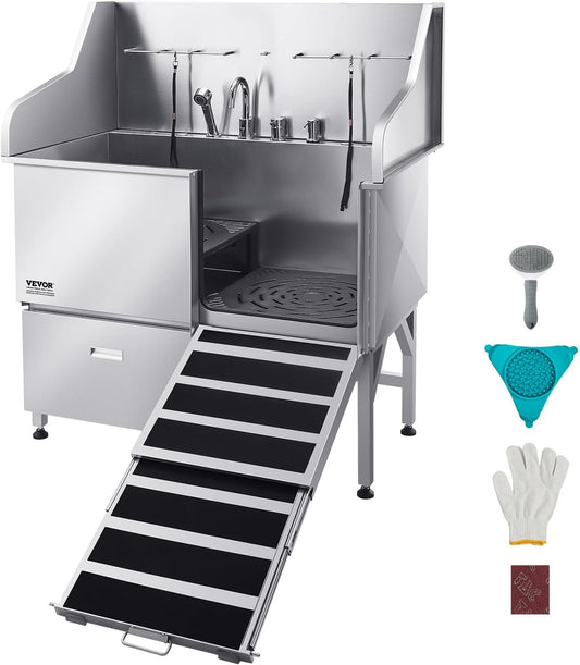VEVOR Professional 304 Stainless Steel Dog Bathing Station, 50 inch Pet Grooming Tub w/Anti-Slip ramp, Storage Drawer, Cold Hot Faucet Showerhead, for Large & Medium & Small (Right Door, with Drawer)