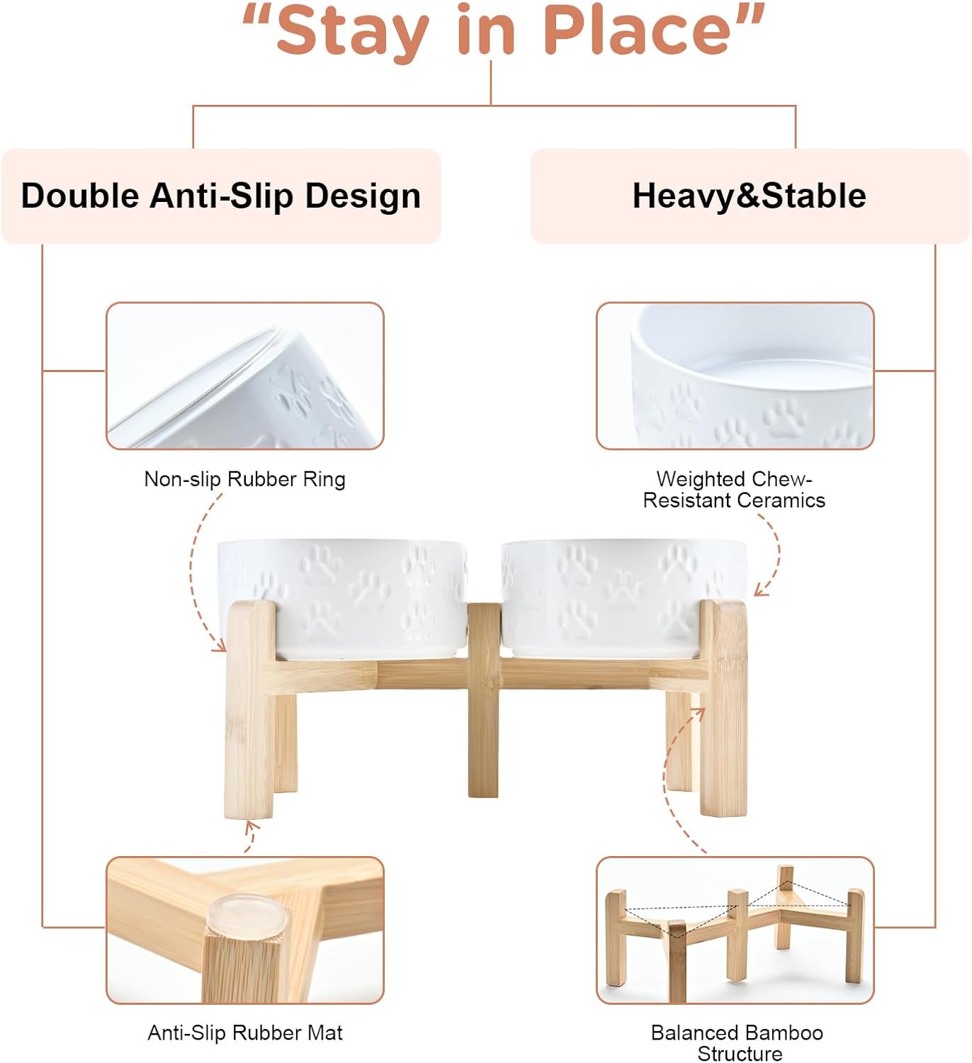 SPUNKYJUNKY Elevated Dog Bowls Ceramic, 6.1'' Dogs and Cat Food Water Bowls Raised with Non-Slip Bamboo Stand for Medium Sized Breed Microwave Dishwasher Safe - 28.7 OZ,Paw White