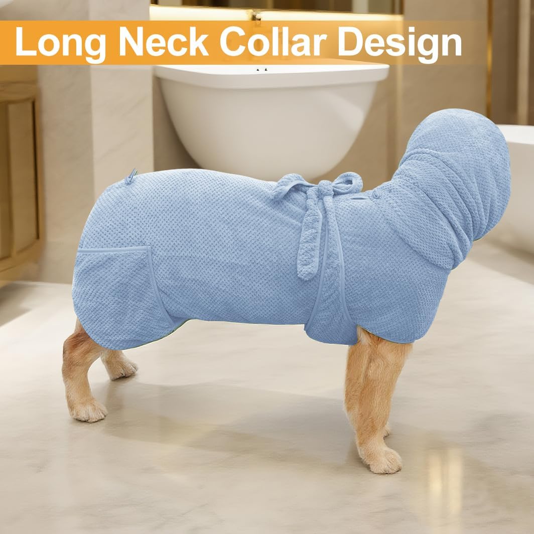 Medium to Large Size Dog Bathrobe, Quick Drying Super Absorbent Used for After Bathing, Warm Dog Towels, Adjustable Hoodies and Belts for Pet Dogs Bath Clothes Products(Blue Jacquard, 2XL)