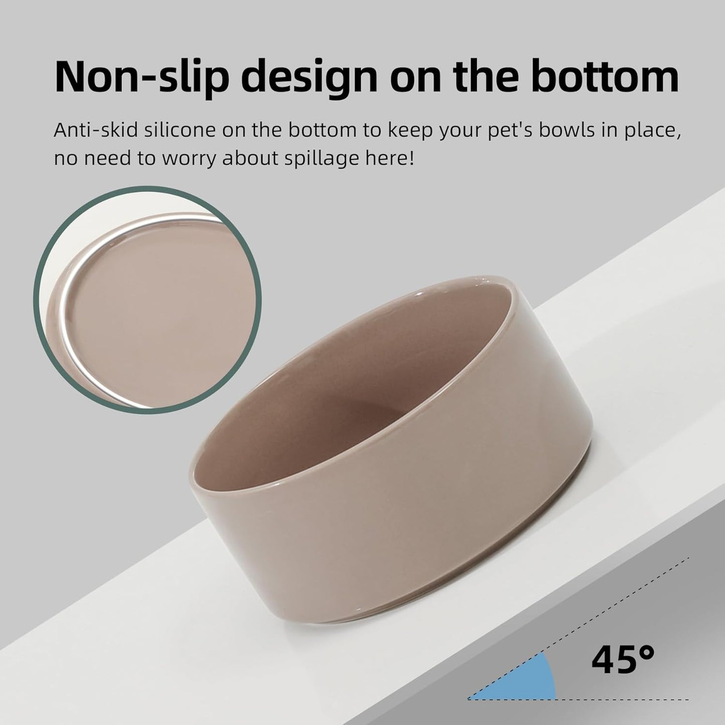 Ceramic 5.1inch Raised Double Bowls Set with Wooden Stand, Elevated Food & Water Bowls for Small Breed Dogs, Cats, Kitty, Weighted Dog Dishes, Pet Bowls(13.5oz, Brown Coffee)