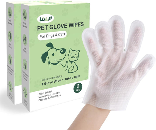 WLP Cleaning and Deodorizing Glove Wipes for Dogs & Cats, Suitable for Sensitive Areas, Safe for Licking, Pet Grooming Bath Wipes. Puppy Essentials. Independent Packaging, Easy to Carry (12 PCS)
