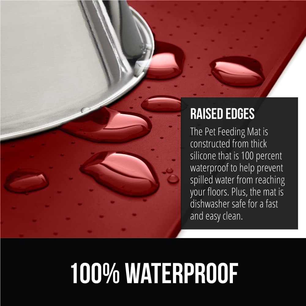 GORILLA GRIP 100% Waterproof Raised Edge BPA Free Silicone Pet Feeding Mat, Dog Cat Food Mats Contain Spills Protects Floors, Placemats for Cats and Dogs Water Bowl, Pets Accessories 32x24 Red