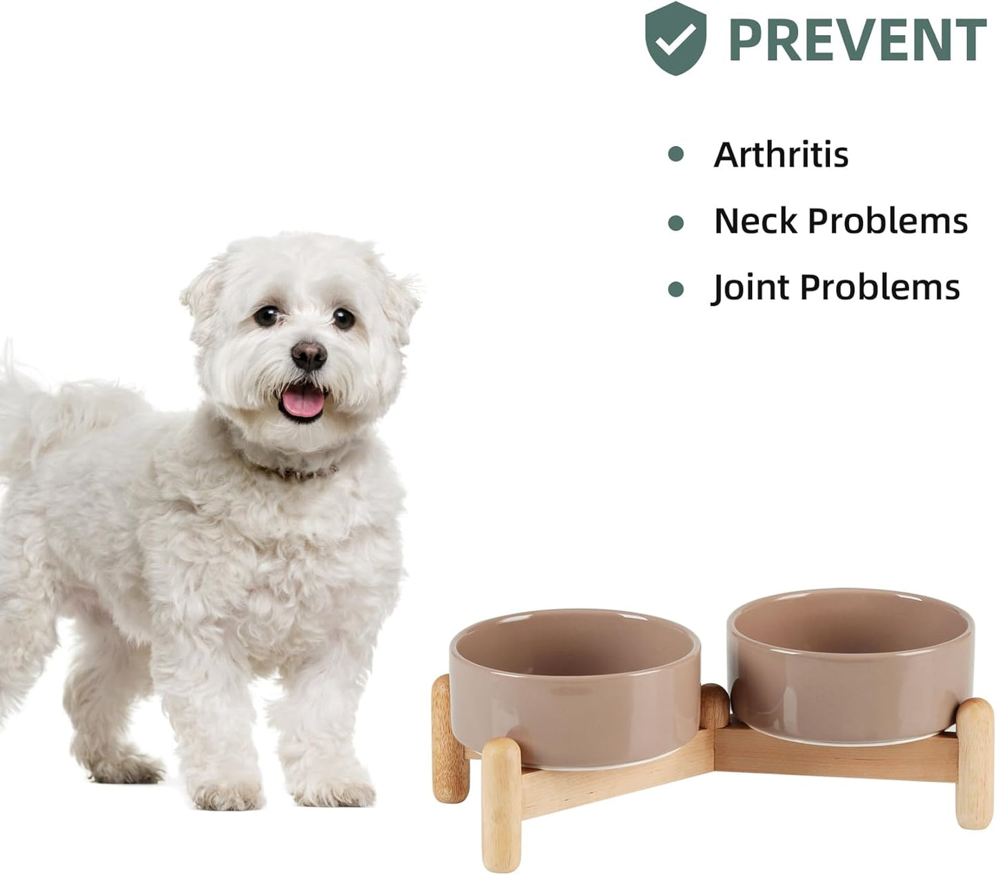 Ceramic 5.1inch Raised Double Bowls Set with Wooden Stand, Elevated Food & Water Bowls for Small Breed Dogs, Cats, Kitty, Weighted Dog Dishes, Pet Bowls(13.5oz, Brown Coffee)