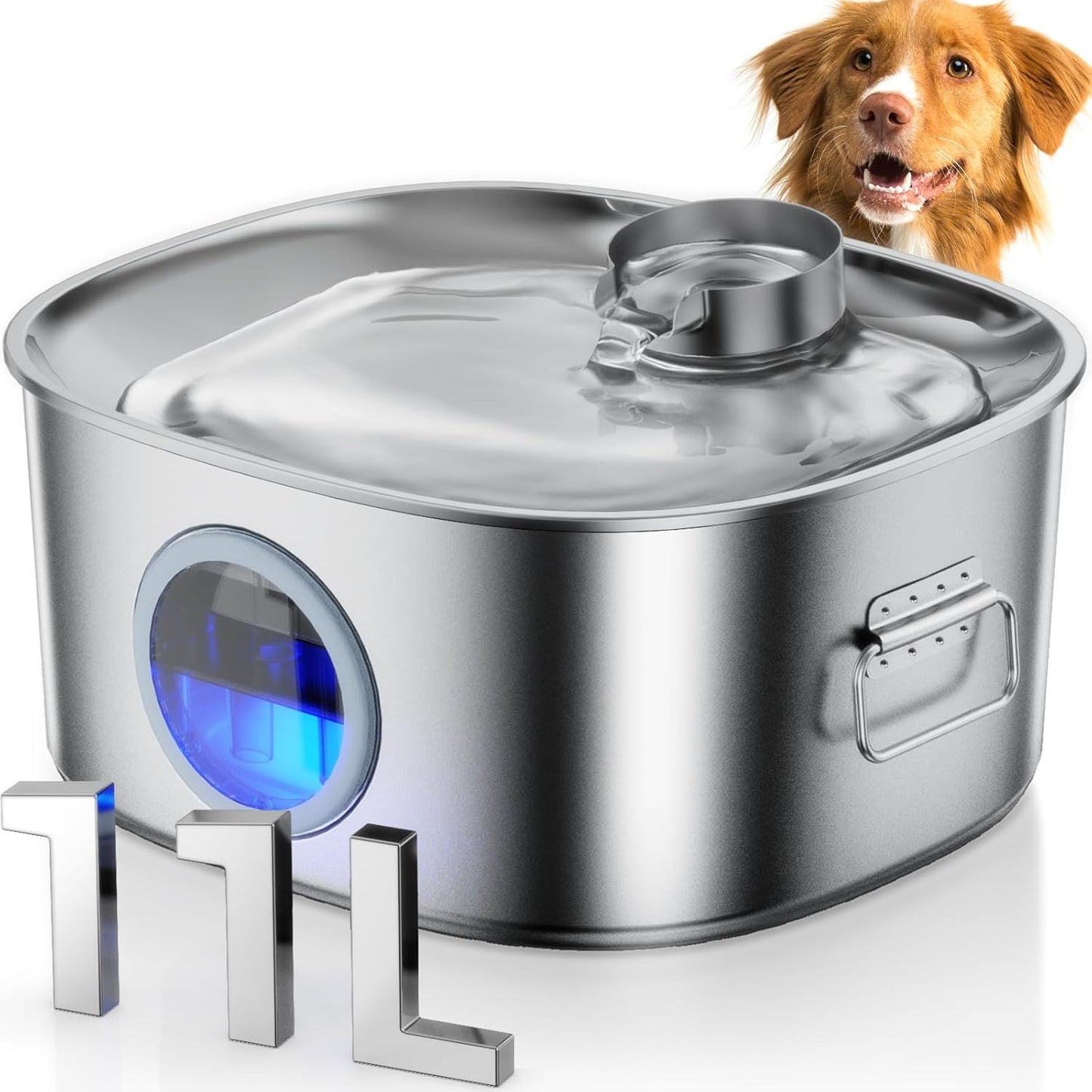Dog Water Fountain Stainless Steel, 11L/2.8Gal Large Pet Water Fountain for Large Dogs Inside, Dog Fountain Water Bowl Automatic Dispenser with Visible Window & LED, Ultra Quiet for Dogs and Multi-Pet
