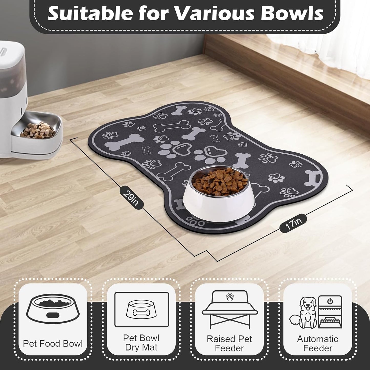 Dog Cat Food Mat,Rapid AbsorbentPet Feeding Mat, Bone Shaped Dog Placemat Water Bowl Mat with Rubber Backing,No Stains Dog Cat Food Mats Indoor, Pet Accessories Supplies 17""×29"" Dark Grey