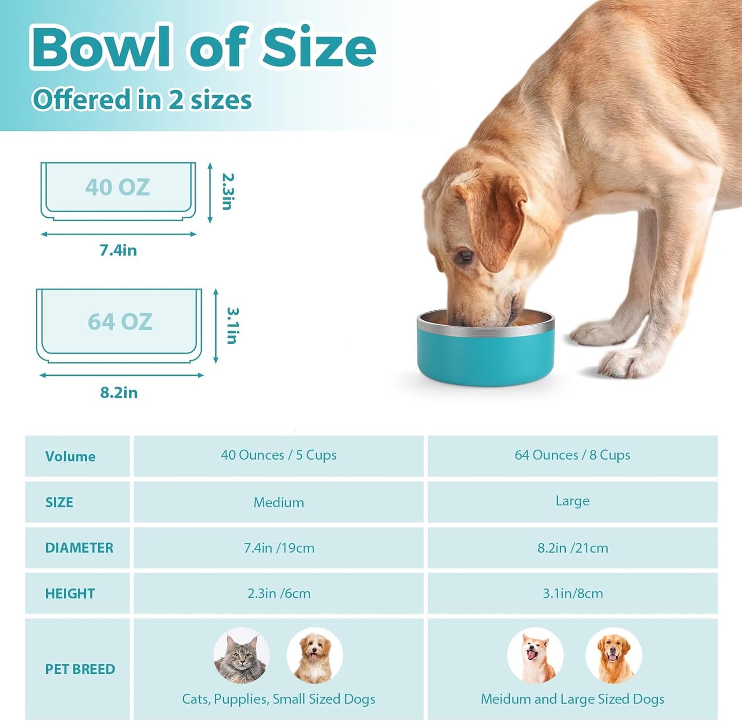 Stainless Steel Dog Bowl - Metal Water and Food Dish for Large Dogs, Insulated, Non-Slip, Easy Clean, 64oz, LakeBlue