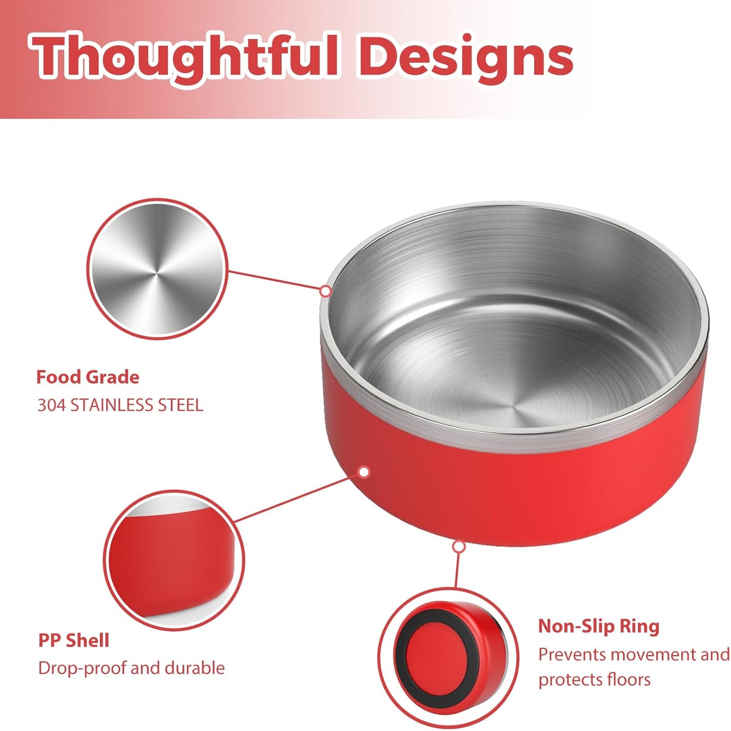 Stainless Steel Dog Bowls for Large Dogs - Metal Pet Dish, Water & Food, Insulated & Non-Slip, Easy to Clean, 64oz, Red