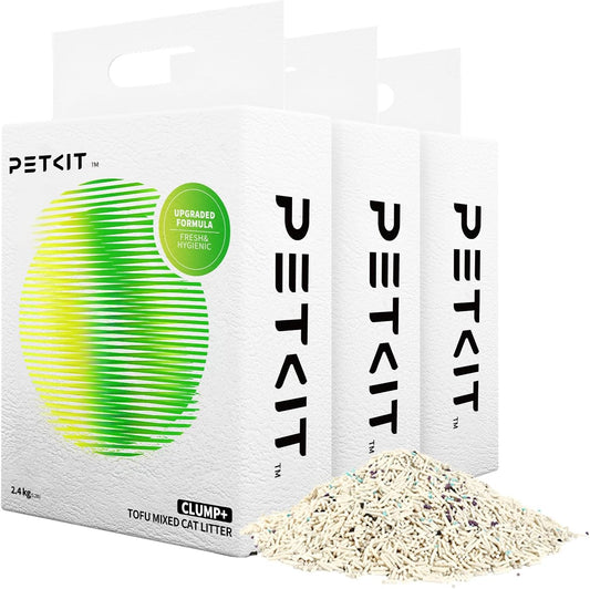 PETKIT Upgraded Clump+ Tofu Mixed Cat Litter, Water Flushable,Ultra Absorbent and Fast Drying, 100% Natural Ingredients Clumping Litter, Dust-Free Low Tracking Bentonite Litter (5.2lb×3bags)