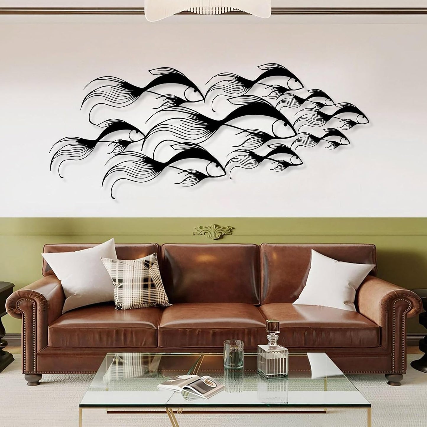 School of Fish Metal Wall Art, Metal Fish Wall Decor, Sea Life Wall Art, Large Nautical Wall Hanging, Modern Beach House Wall Decor, Ocean Themed Artwork for Bathroom (Gold, 24"x10" | 60x25cm)