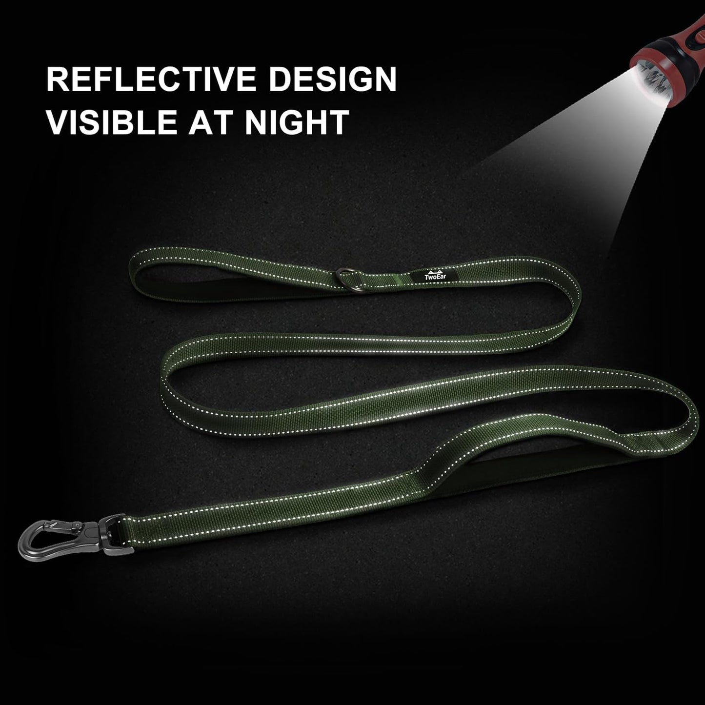 TwoEar 6FT 1IN Strong Green Dog Leash with 2 Padded Handles, Traffic Handle Extra Control, Comfortable Soft Dual Handle, Auto Lock Hook, Reflective Walking Lead for Small Medium and Large Dogs