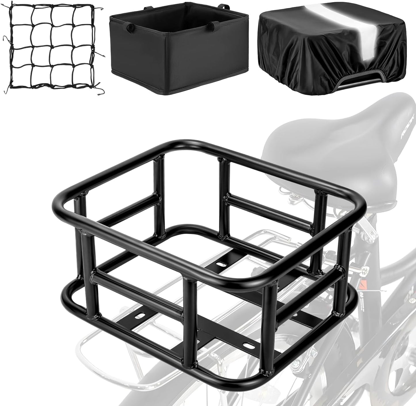 Bike Basket Rear with Liner,Waterproof Cover,Cargo Net Large Rear Bike Basket,Heavy Duty Bicycle Rear Basket for Electric Bike, Ebike,Great for Bike Trip,Carrying Grocery,Ball,Dog