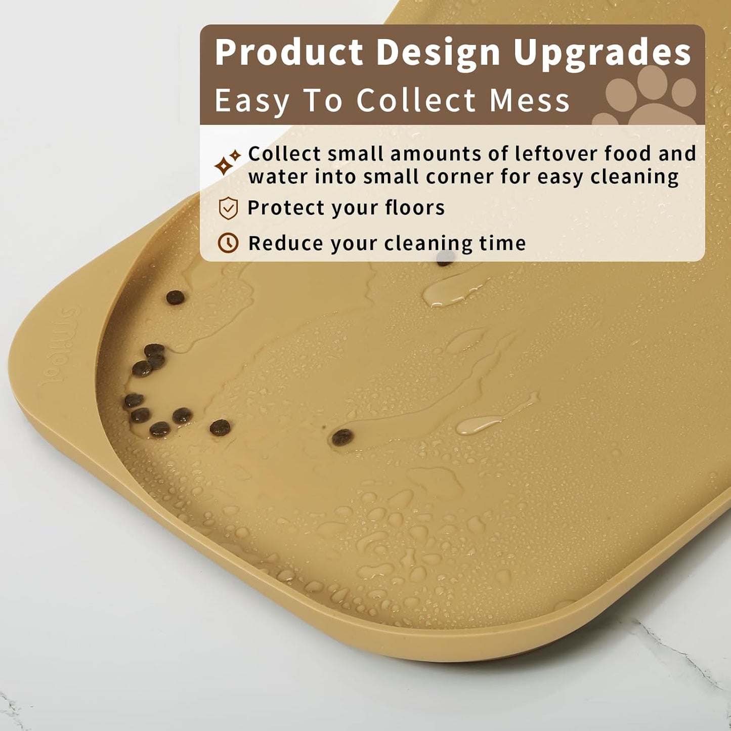 Silicone Pet Feeding Mat with Raised Edge & Residue Collection Pocket for Food and Water, Dog Bowl Mats, Cat Bowls Placemat with High Lip for Floor Waterproof, 24 x 16 x 0.8 Beige