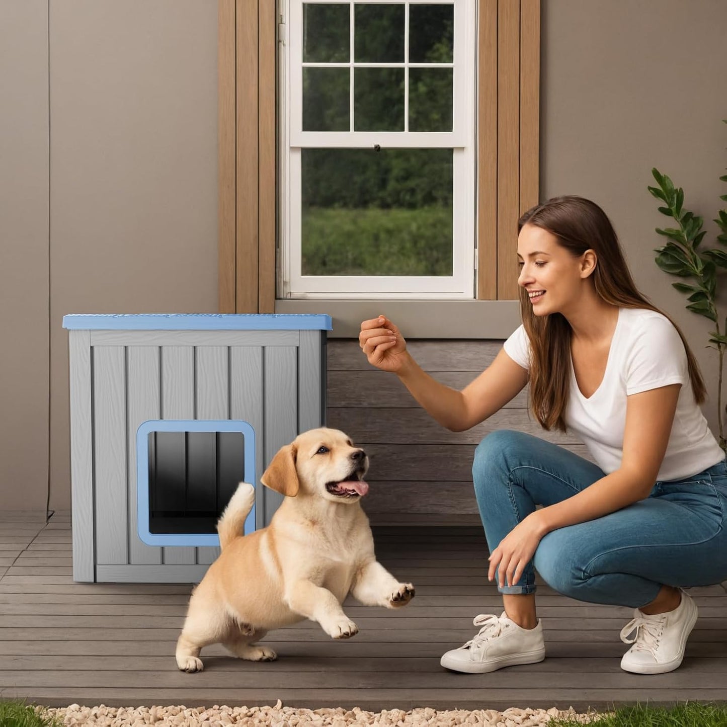 Dog House Small Dog Houses Outdoor with Sloped Roof Waterproof Ventilated Design Easy to Clean Elevated Floor Easy Assembly for Middle Sized Dogs