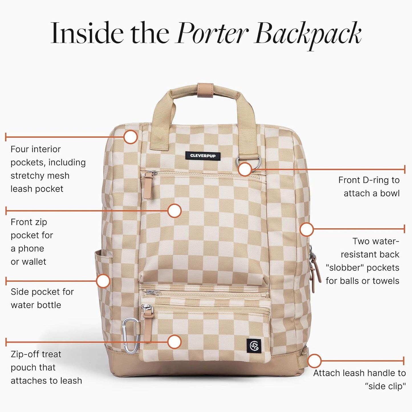 Porter 2-in-1 Dog Gear Backpack – Premium Dog Travel Bag with 10 Pockets, Zip-Off Treat Pouch, Leash Clip, Waterproof Pockets & Water Bottle Holder – Weekend, Hiking, Camping, Checkerboard