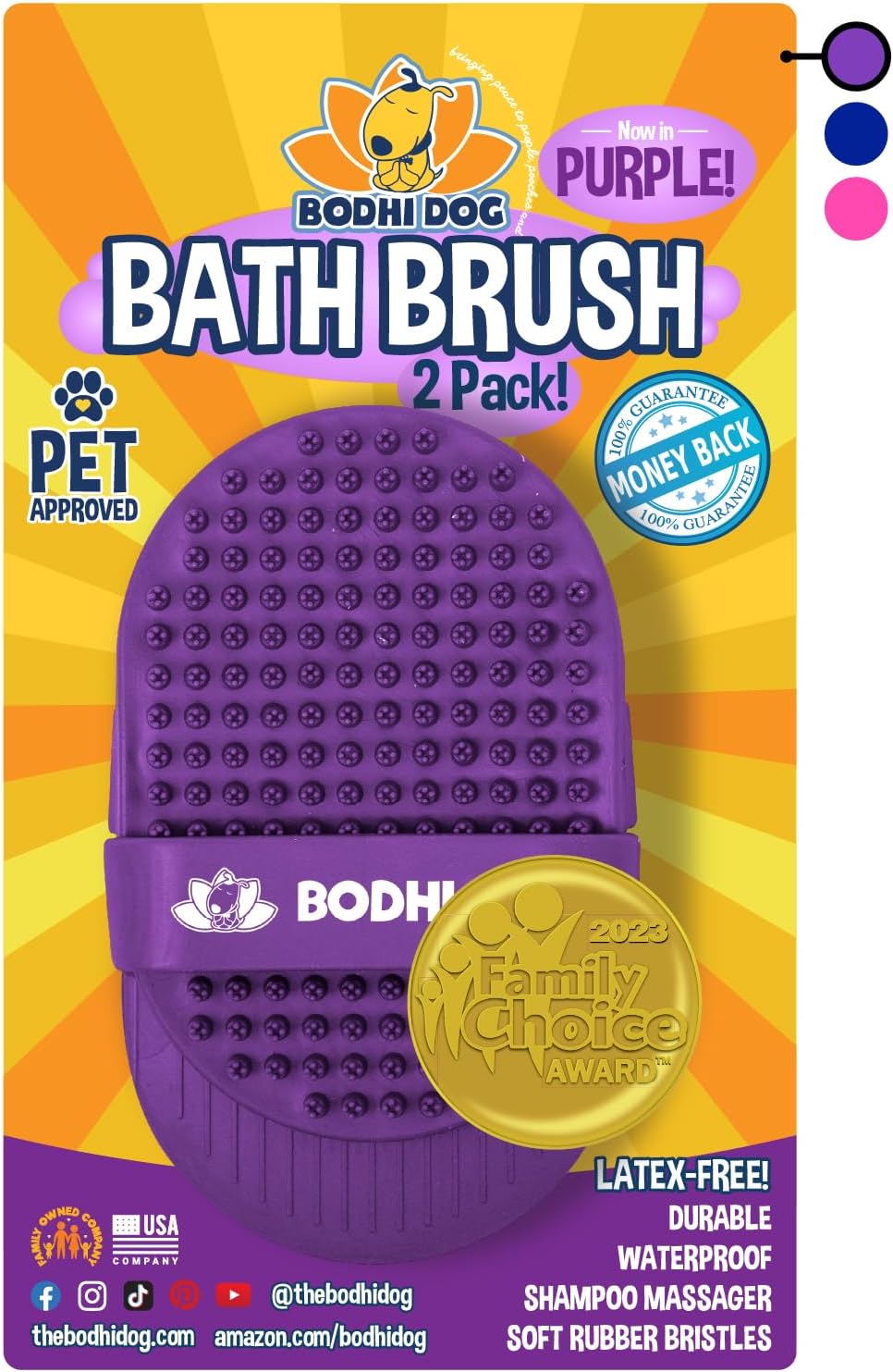 Bodhi Dog Shampoo Brush - Pet Grooming & Bath Supplies for Dogs and Cats - Bath Brush for Long & Short Hair - Premium Scrubber for Shower, Bathing & Massage (Two Pack, Purple)