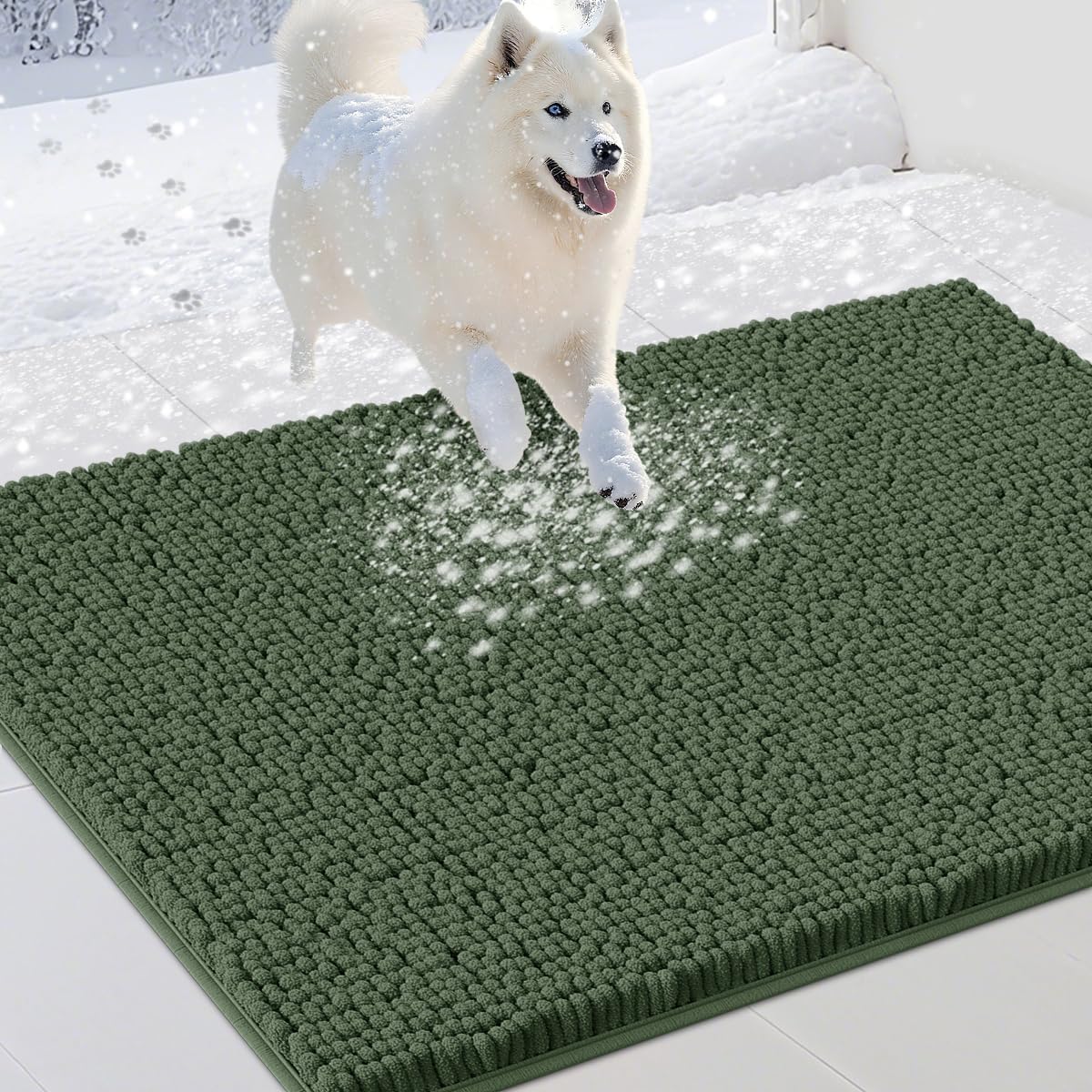 Dog Door Mats for Muddy Paws, Chenille Absorbent Door Mats, Non Slip Heavy Mud Mat for Dogs, Soft Indoor Door Mat for Entryway, Mud Paws, Inside Floor,36" X 24", Olive