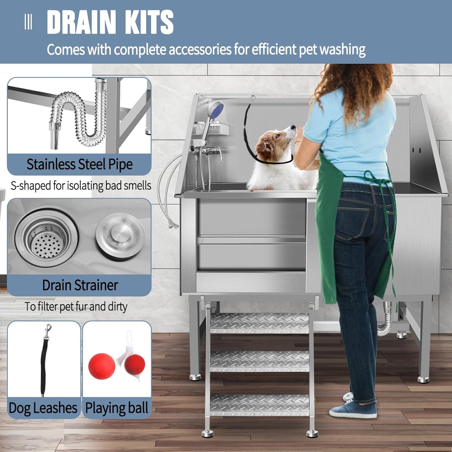 50" Pet Dog Bathing Station W/Stairs, Professional Stainless Steel Dog Grooming Tub W/Soap Box, Faucet,Rich Accessory, Dog Bathtub for Large,Medium,Small Pets, Washing Sink for Home (50" Left ramp)