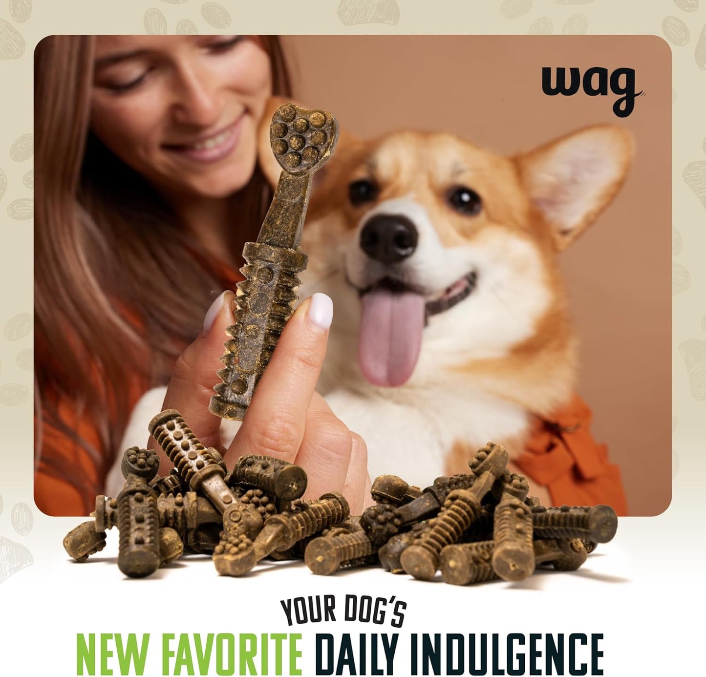 Amazon Brand - Wag Dental Chews - Green Dental Brush for Dogs, Large, Unflavored, 24 Count (Pack of 1)