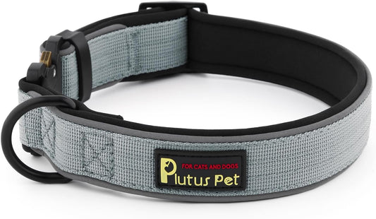 Plutus Pet Tactical Dog Collar, Reflective, Adjustable Heavy Duty Dog Collar, Soft Padded and Comfortable, for Small Medium and Large Dogs (Gray, XL)