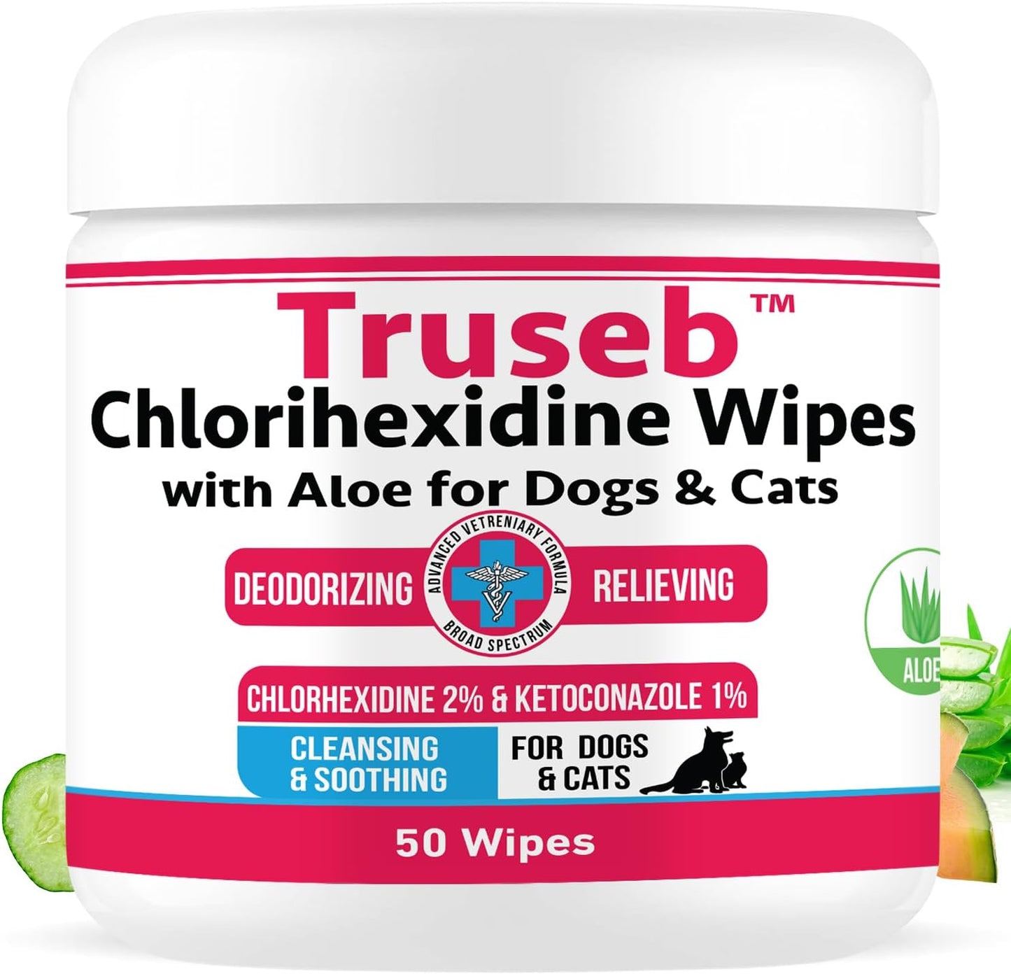 Truseb Topical Ketoconazole and Chlorhexidine Wipes for Dogs, Cats and Horses - with Aloe for Cleansing - 50 Count (Ketoconazole & Chlorhexidine Wipes, 50 Count)