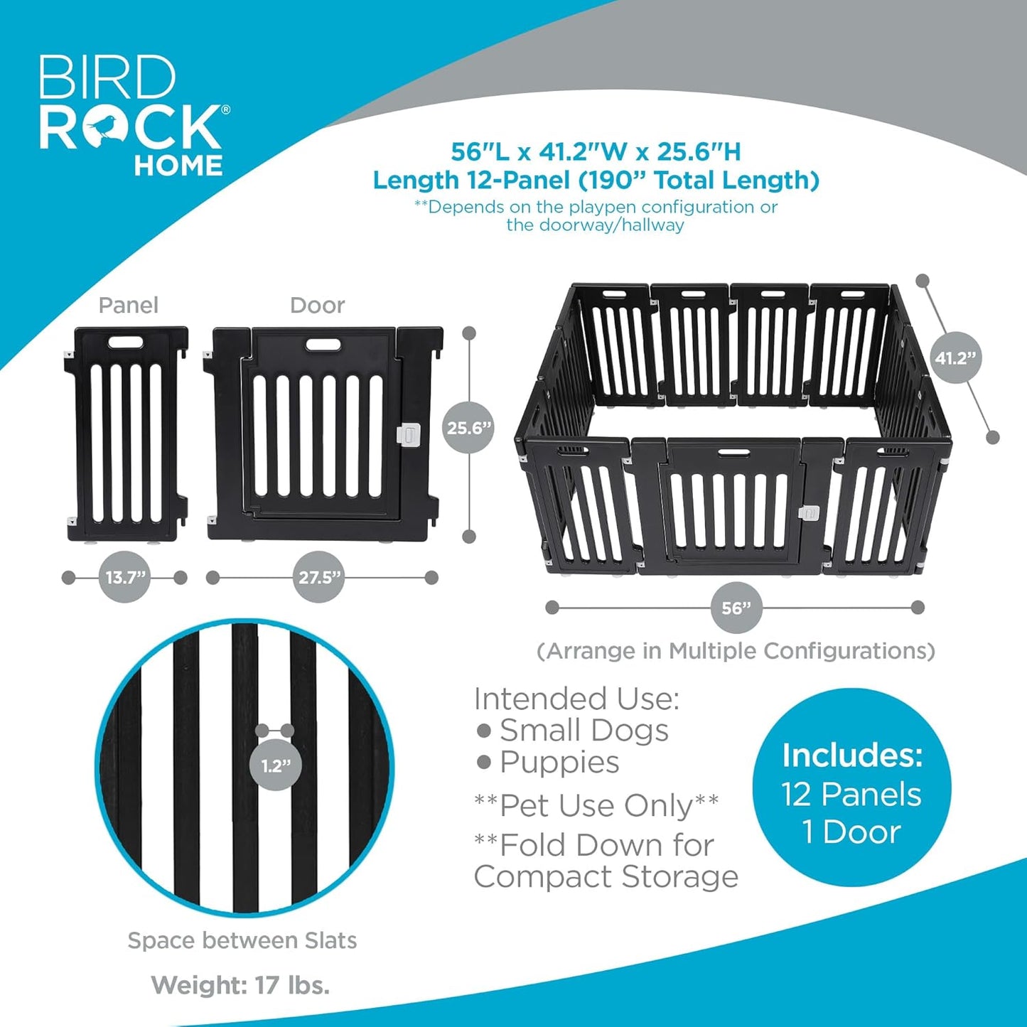 BIRDROCK HOME Dog Playpen w/Door, 12 Panel, 25.6in H | Strong Plastic, Non-Slip Puppy Playpen, Secure Pet Gate | Indoor Outdoor Fence | Configurable Panels | Small to Medium Pets - Black