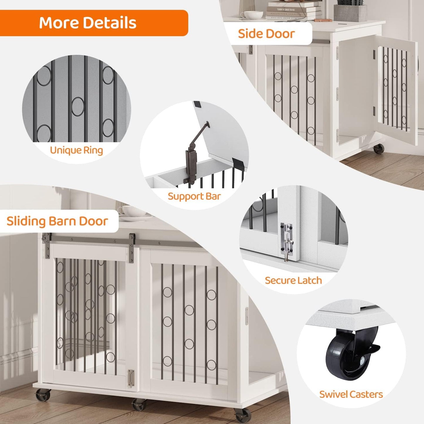 IchbinGo Large Dog Crate Furniture with Sliding Barn Door, 43.7" Wooden Dog Kennel End Table with Wheels and Flip-top Plate Dog House with Detachable Divider for Small/Medium/Large Dog (White)