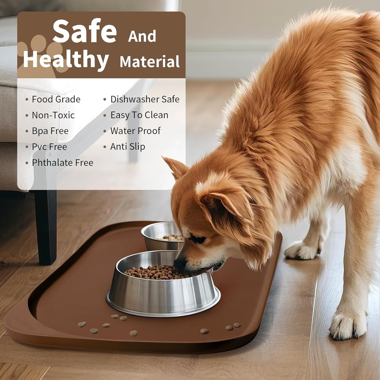 Silicone Pet Feeding Mat with Raised Edge & Residue Collection Pocket for Food and Water, Dog Bowl Mats, Cat Bowls Placemat with High Lip for Floor Waterproof, 24 x 16 x 0.8 Brown
