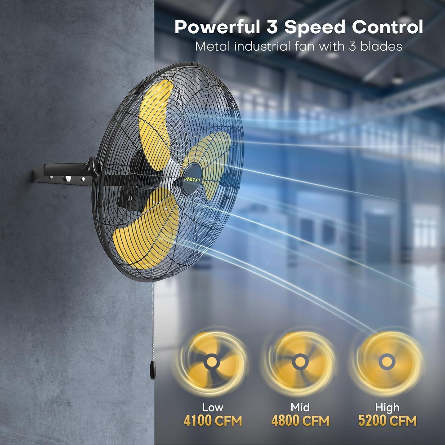 20 Inch Industrial Wall Mount Fan, 5200 CFM Industrial Metal Wall Fans with Poweful Motor, 3 Speed, Heavy Duty Construction Indoor for Warehouse, Workshops, and Garage, UL Listed