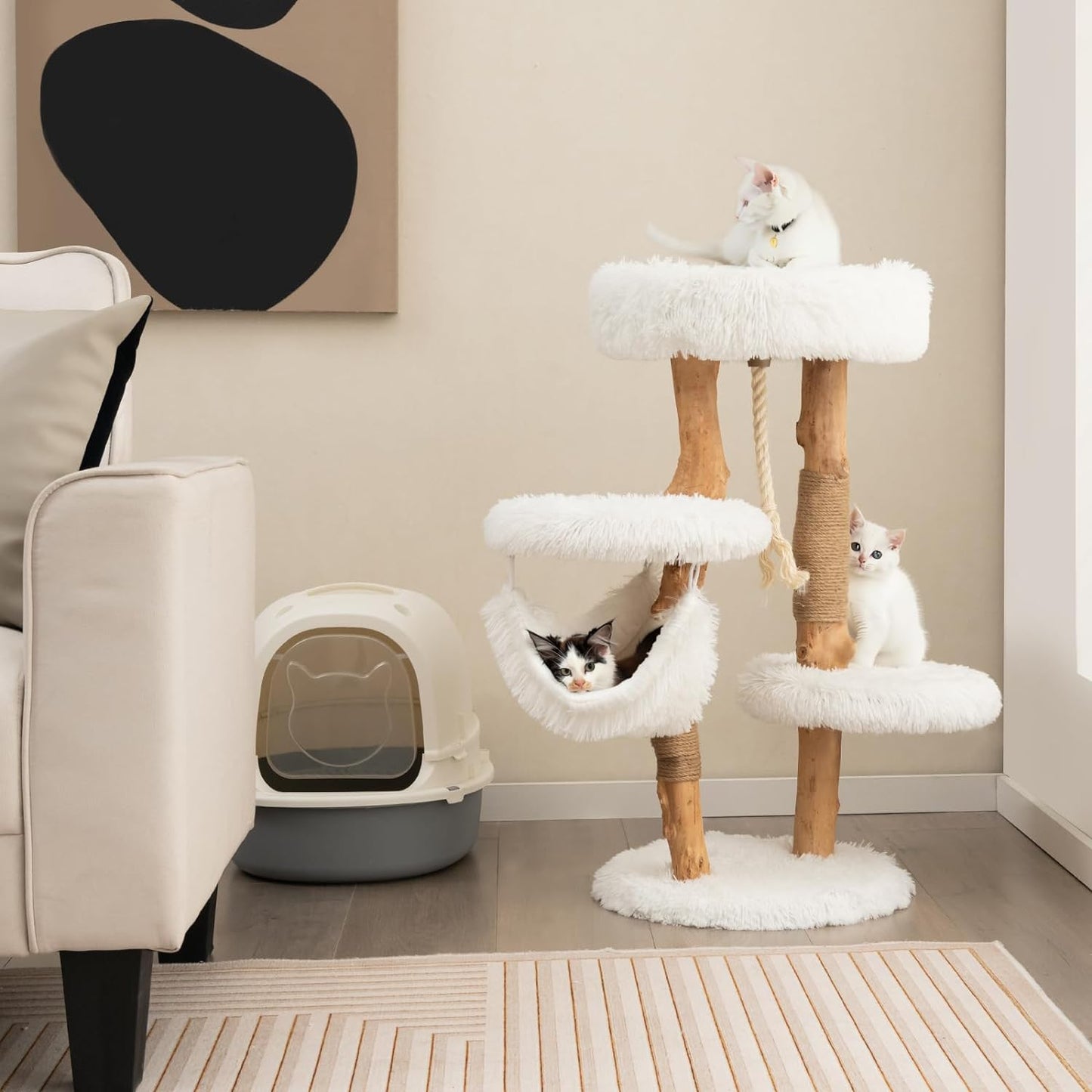 Tangkula Cat Tree Tower, Solid Wood Modern Cat Tower with Cozy Top Perch, 2 Platforms & 1 Hammock, Natural Branch Cute Cat Tree with Scratching Posts & Sisal Rope for Indoor Cats