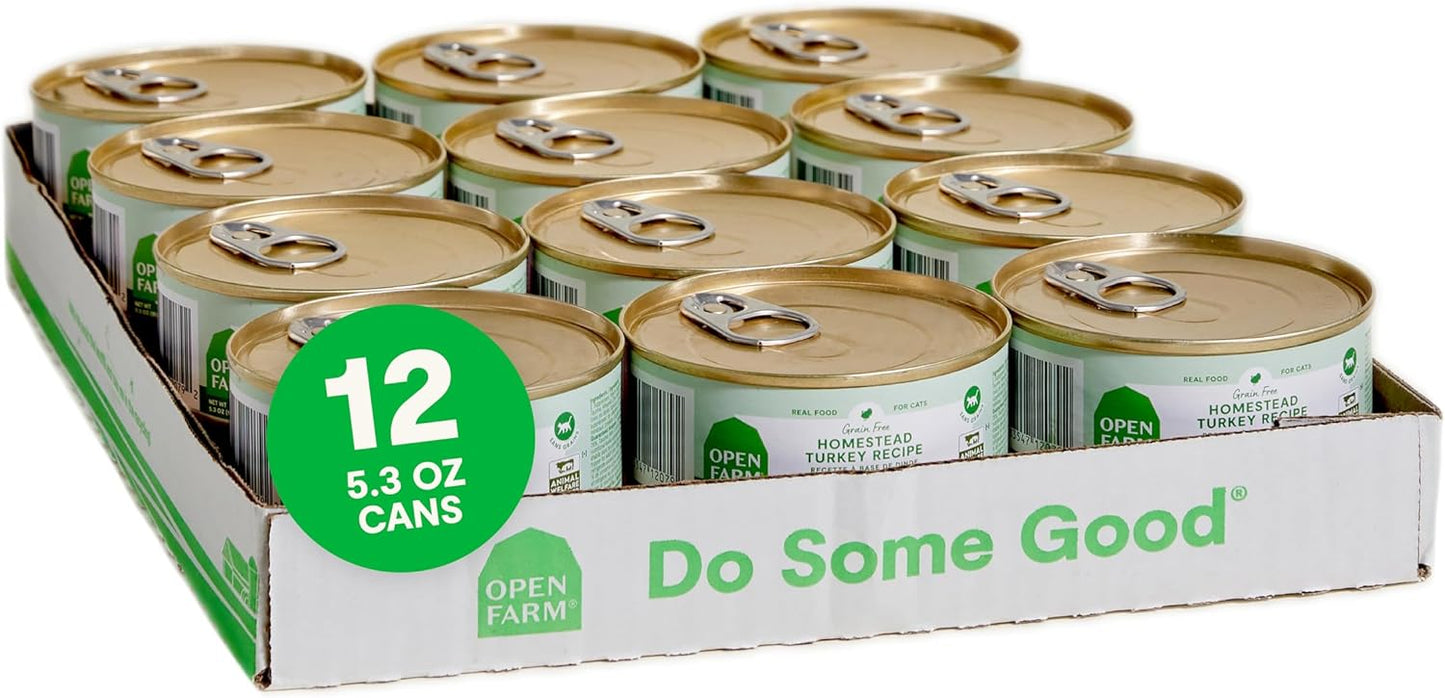 Open Farm Canned Cat Food, Paté for Complete & Balanced Nutrition, Grain-Free and Legume-Free Wet Cat Food, Homestead Turkey Recipe, 5.3oz Cans (Case of 12)