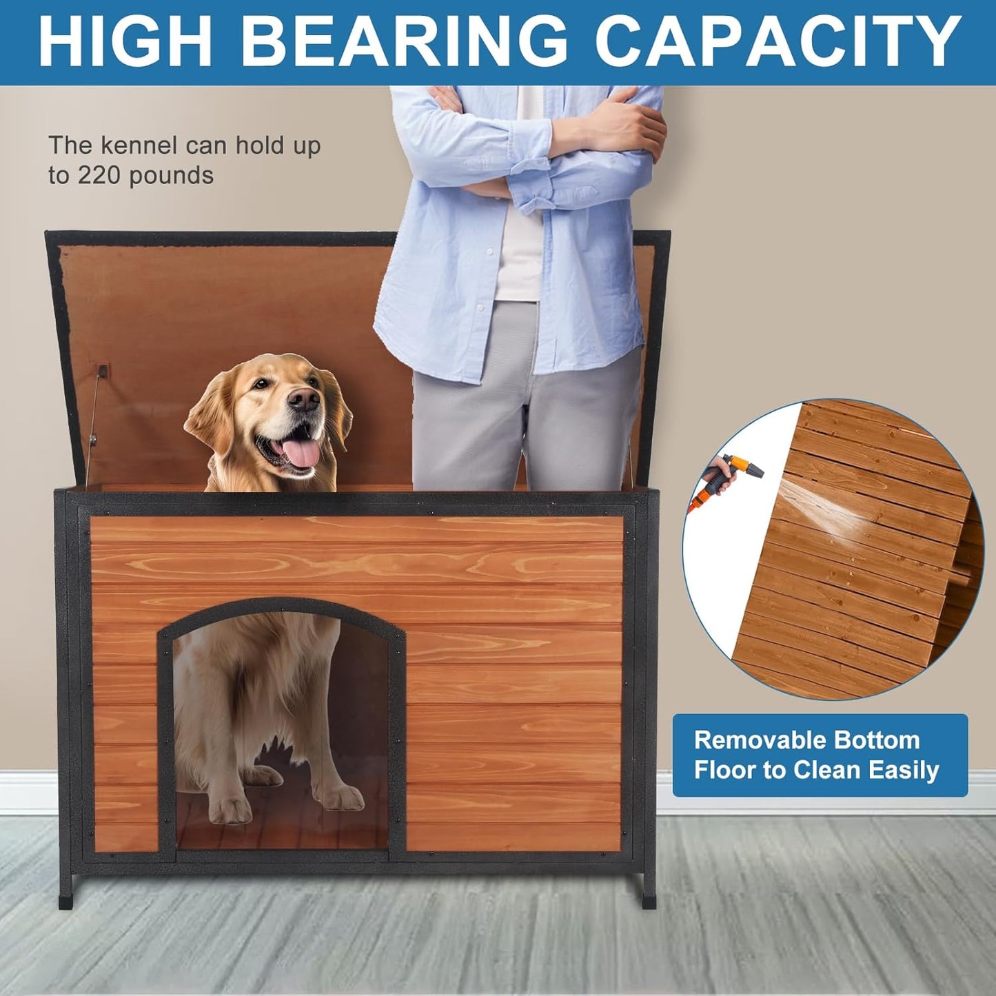 Dog House Outdoor Weatherproof 43.3" L Chew Proof Dog Kennel for Small Medium Large Dogs with Strong Metal Chew Proof Frame Raised Design