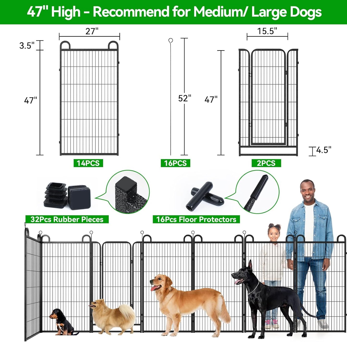 Dog Playpen Outdoor 16 Panels Heavy Duty Dog Fence 47" Height Anti-Rust with Doors Portable for RV Camping Yard, Total 36FT, 103 Sq.ft, Snowy Black