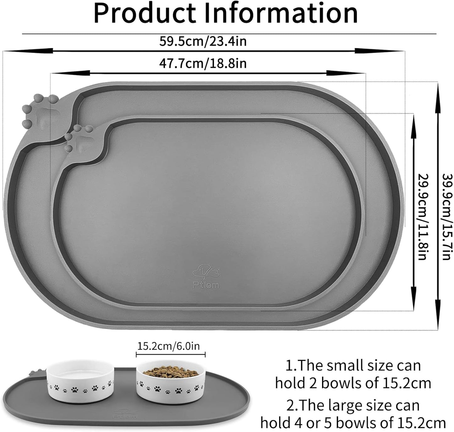 KPWACD Silicone Pet Placemat for Dogs and Cats, Non-Slip Waterproof Pet Feeding Bowl Mat Prevent Food and Water Overflow, High-Lips Puppy Dish Tray Mats Suitable for Large Medium Small Pets, Grey