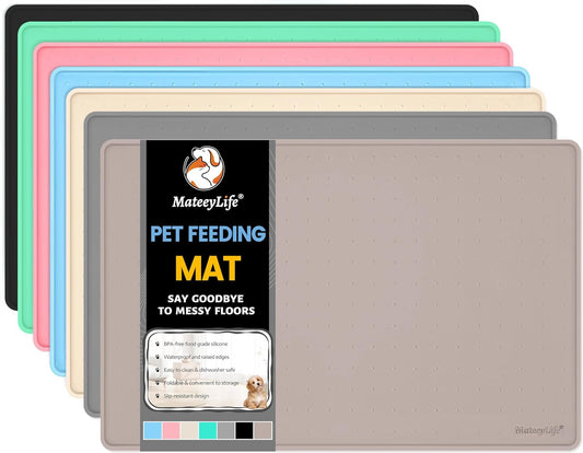 MateeyLife Dog & Cat Food Water Mat for Floors Waterproof, Nonslip Pets Bowl Feeding Mats with Raised Edges, Silicone Matt Tray for Messy Drinkers, 24"x16", Taupe