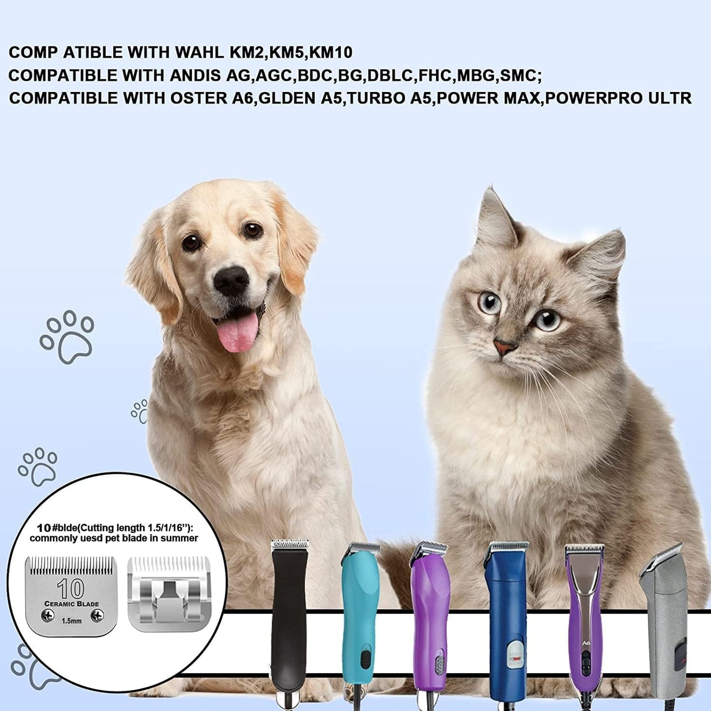 5PCS Dog Grooming Blades Compatible with Andis/Oster A5/Wahl KM Series Dog Clipper Blades Size:#10+30+40+5FC+7FC