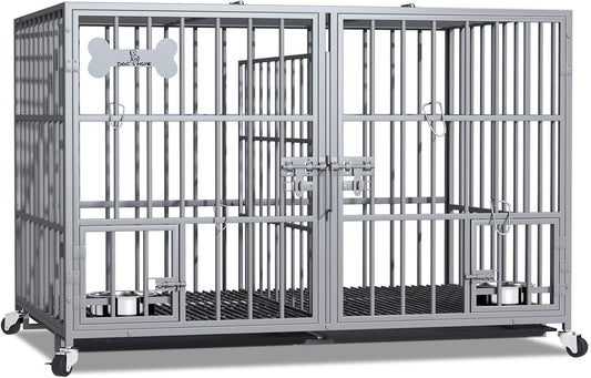 aboxoo 42/48 inch Heavy Duty Metal Dog Crate for 2 Dogs/Large Dog,All Metal Open Top,Dog Kennel Indoor with Wheels,Floor Grid, Tray, Divider and Feeding Bowl (Sliver)
