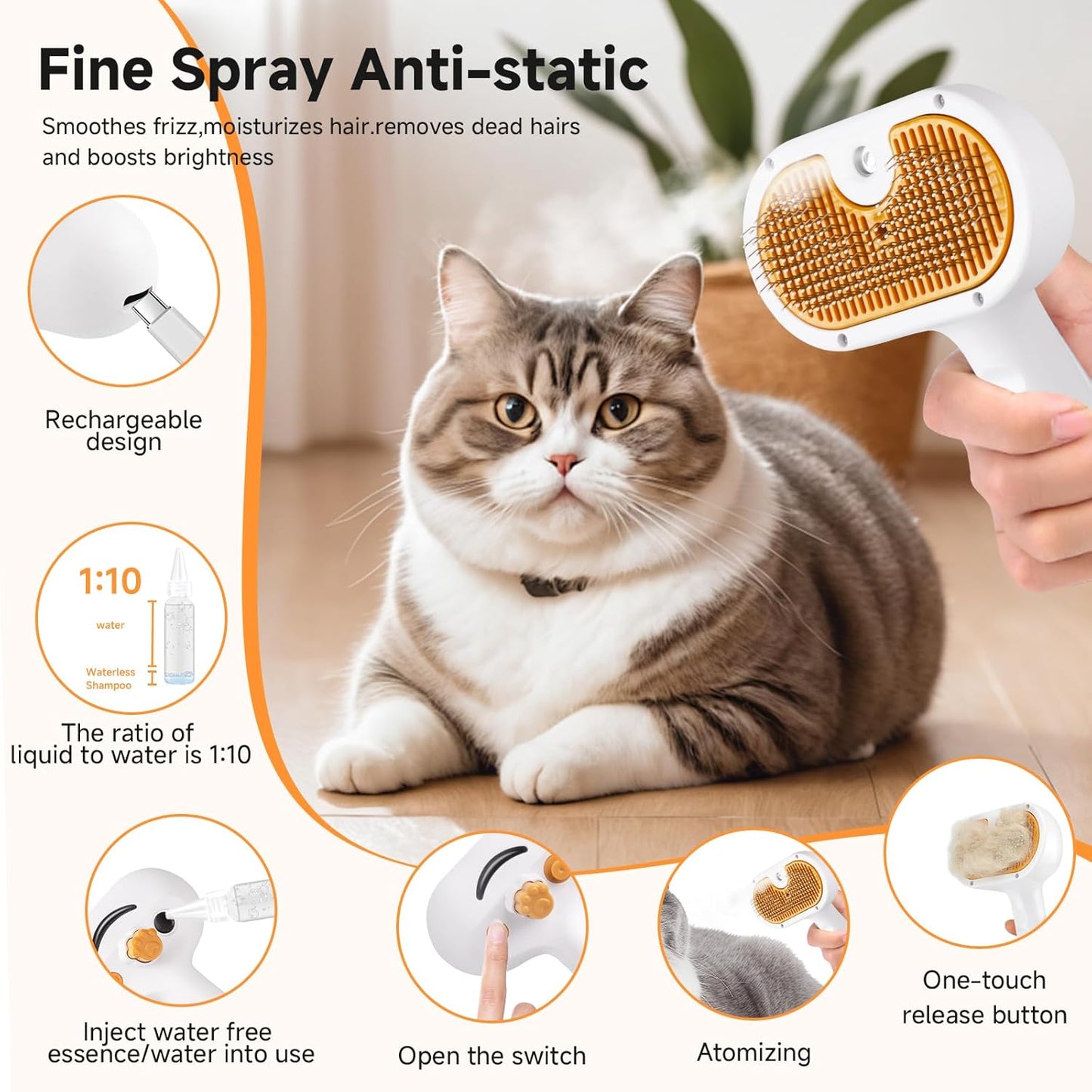 Pet Steam Brush for Dog & Cat – 3-in-1 Spray Hair Removal Comb – Steam for Shedding & Grooming – Water Brush for Long & Short Haired Pets – Spritz Defur Comb –