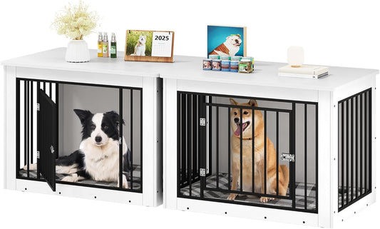 YITAHOME 76 Inch Double Dog Crate Furniture, XXL Dog Crate Furniture for 2 Dogs, Side End Table, Waterproof Top, Safety Corners, 2-in-1 Iron-Wood Fusion Dog Kennel Furniture for 2 Large Dogs,White