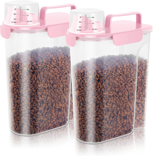 5-7Lbs Dog Cat Food Storage Container with Upgraded Large Nozzle BPA-free, 4 Snap Seals Plastic Pet Food Storage Containers with Handles (2, Light Pink, 5L)