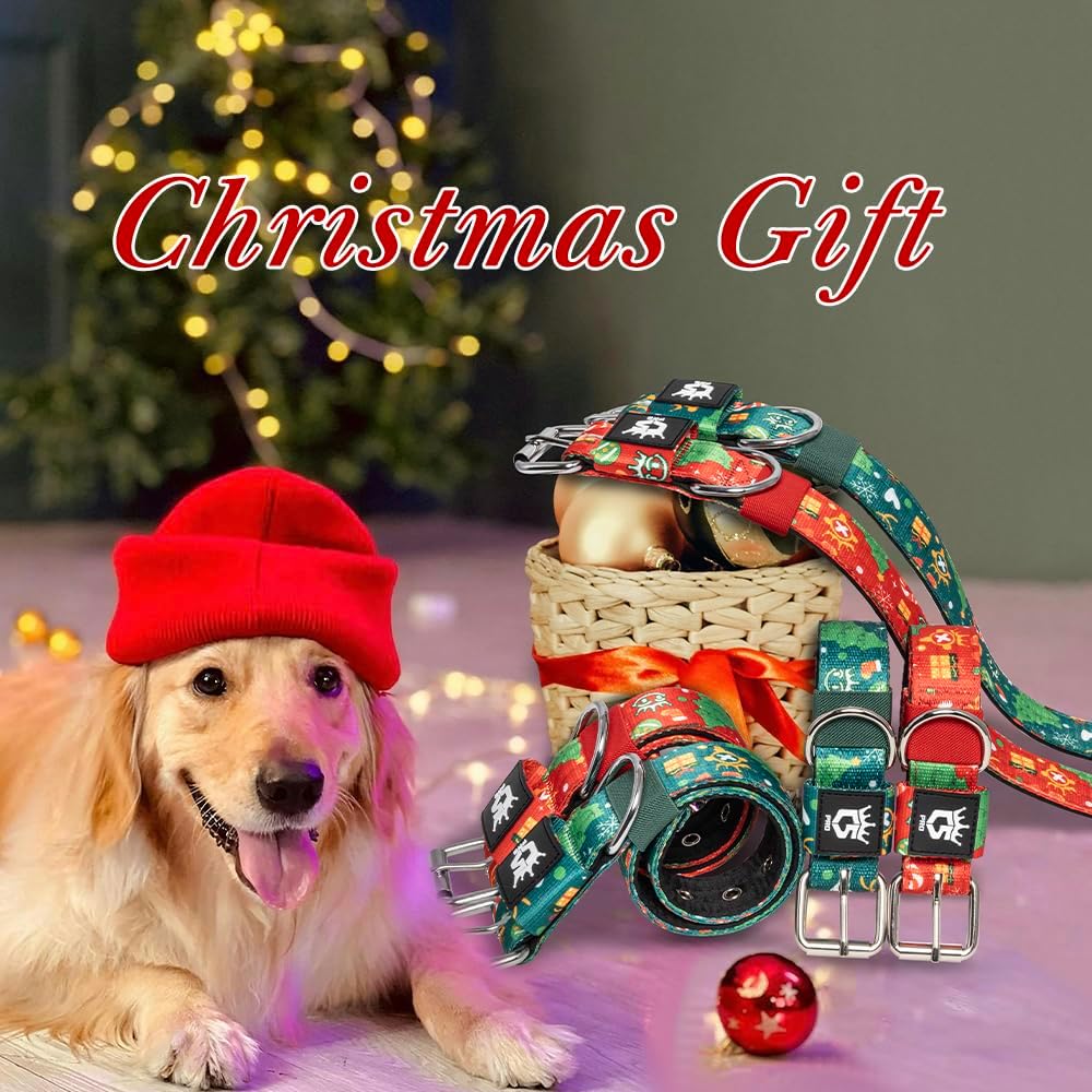 TSPRO Tactical Dog Collar 1.5 Inch Wide Thick Dog Collars with Heavy Duty Metal Buckle, Durable, Strong, Adjustable for Medium to Large Dogs (Christmas Red L)