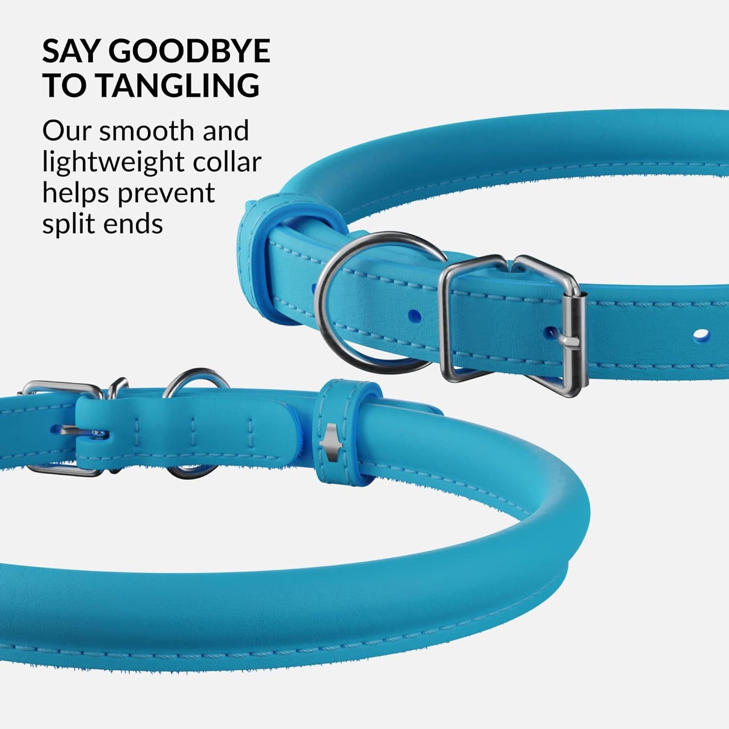 CollarDirect Rolled Leather Dog Collar, Soft Padded Round Puppy Collar, Handmade Genuine Leather Collar Dog Small Large Cat Collars 13 Colors (6-7 Inch, Light Blue)