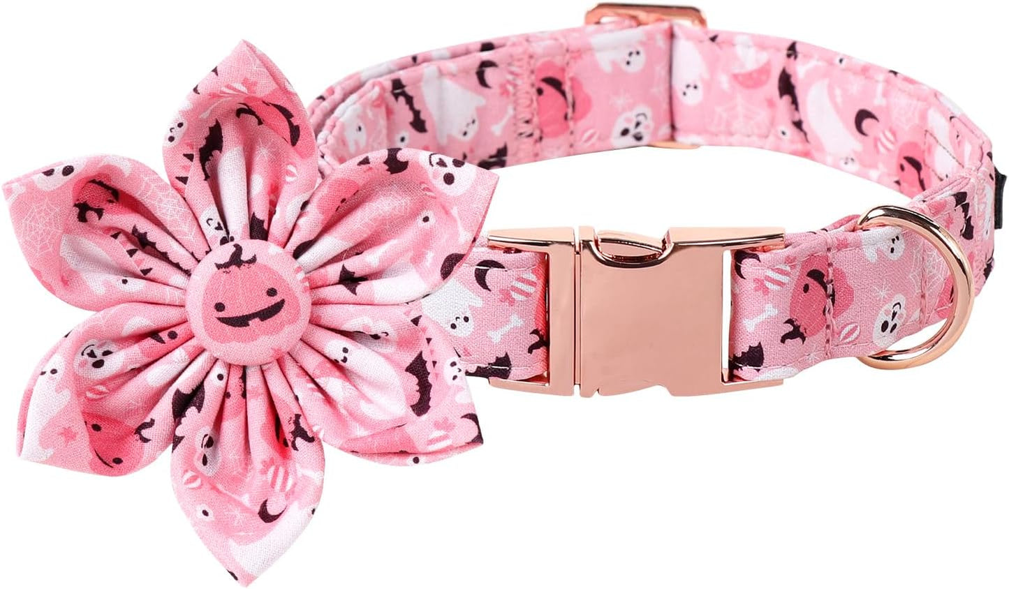 Lionet Paws Halloween Dog Collar with Flower, Cute Fall Pink Adjustable Cotton Pumpkin Ghost Pet Collar for Small Dogs