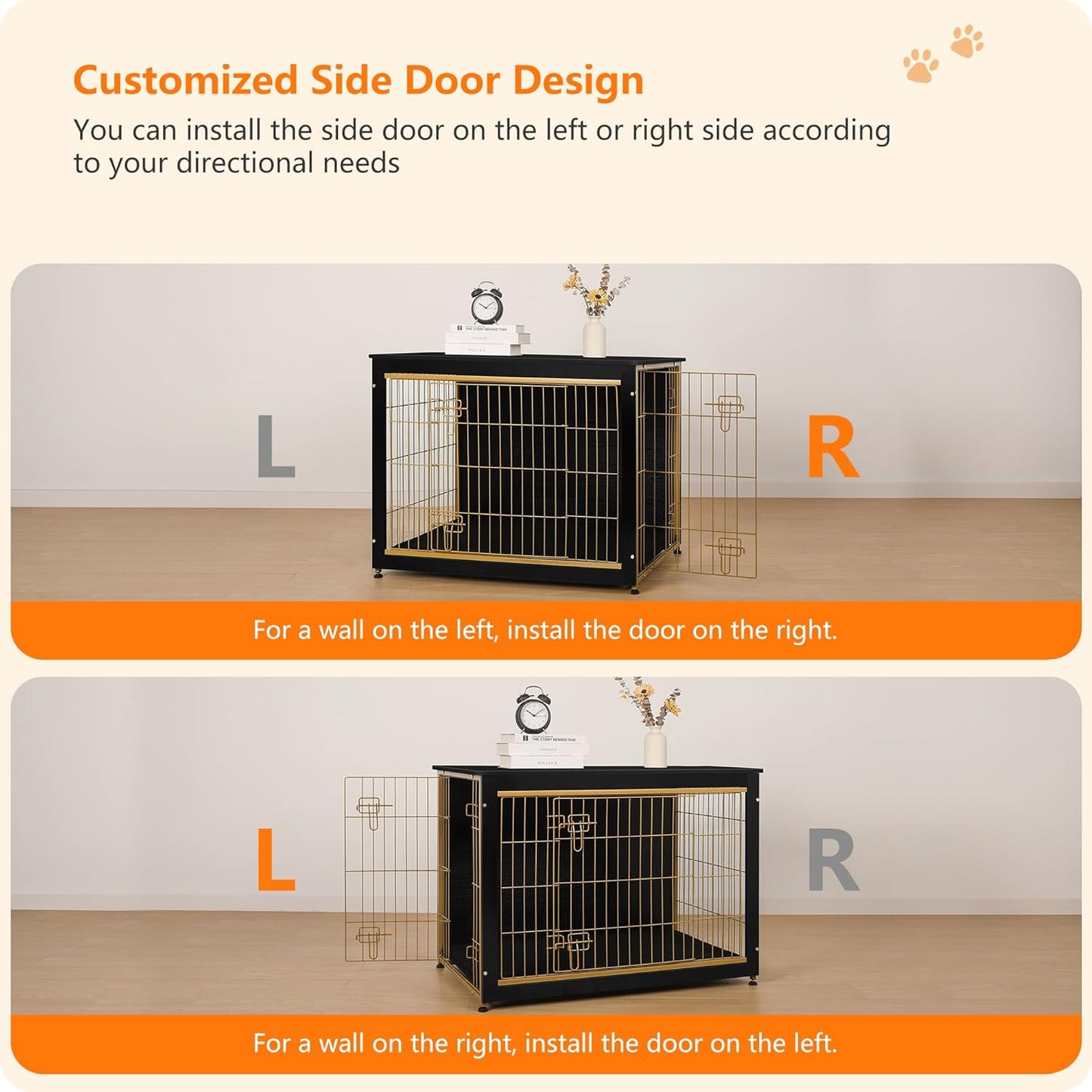 DWANTON Dog Crate Furniture with Cushion, Wooden Kennel Table with Double Doors, Indoor Dog House, Large Size, 38.5" L, Black+Gold