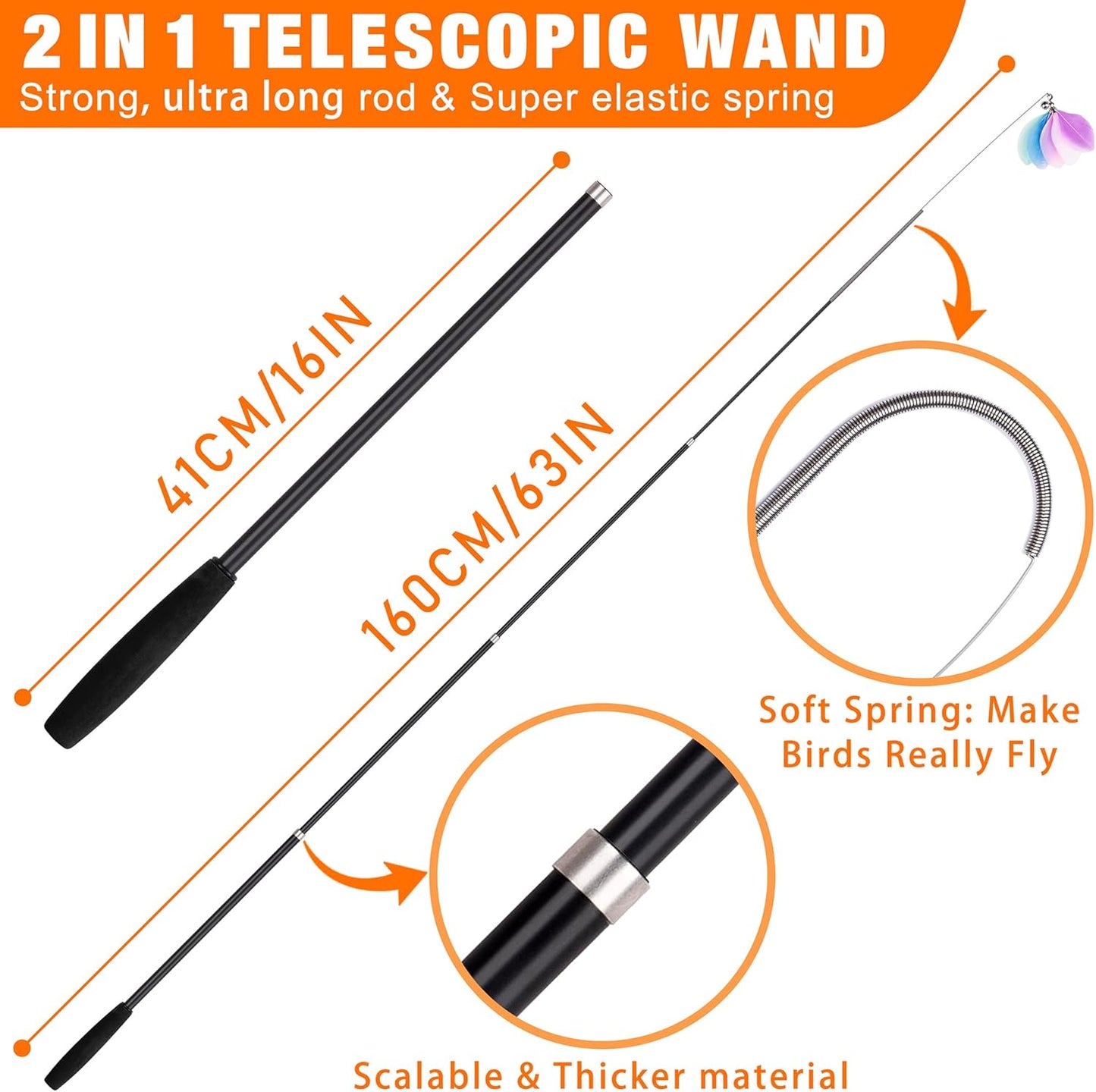 JXFUKAL 2025 Latest Cat Toys, 2 in 1 Spring Cat Wand Toy with 2PCS Ultra-Long Cat Teaser, 4PCS Spring Steel Wire & 5PCS Feather Refills for Kitty Kitten Indoor Cats Accessories